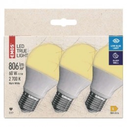 LED TRUE LIGHT A60 7,2W(60W) 806lm E27 WW 3PC