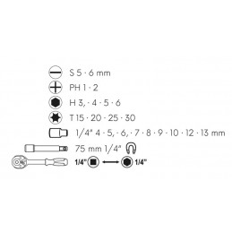 Sada oboustranná ráčna s bity a adaptery 1/4" 23ks